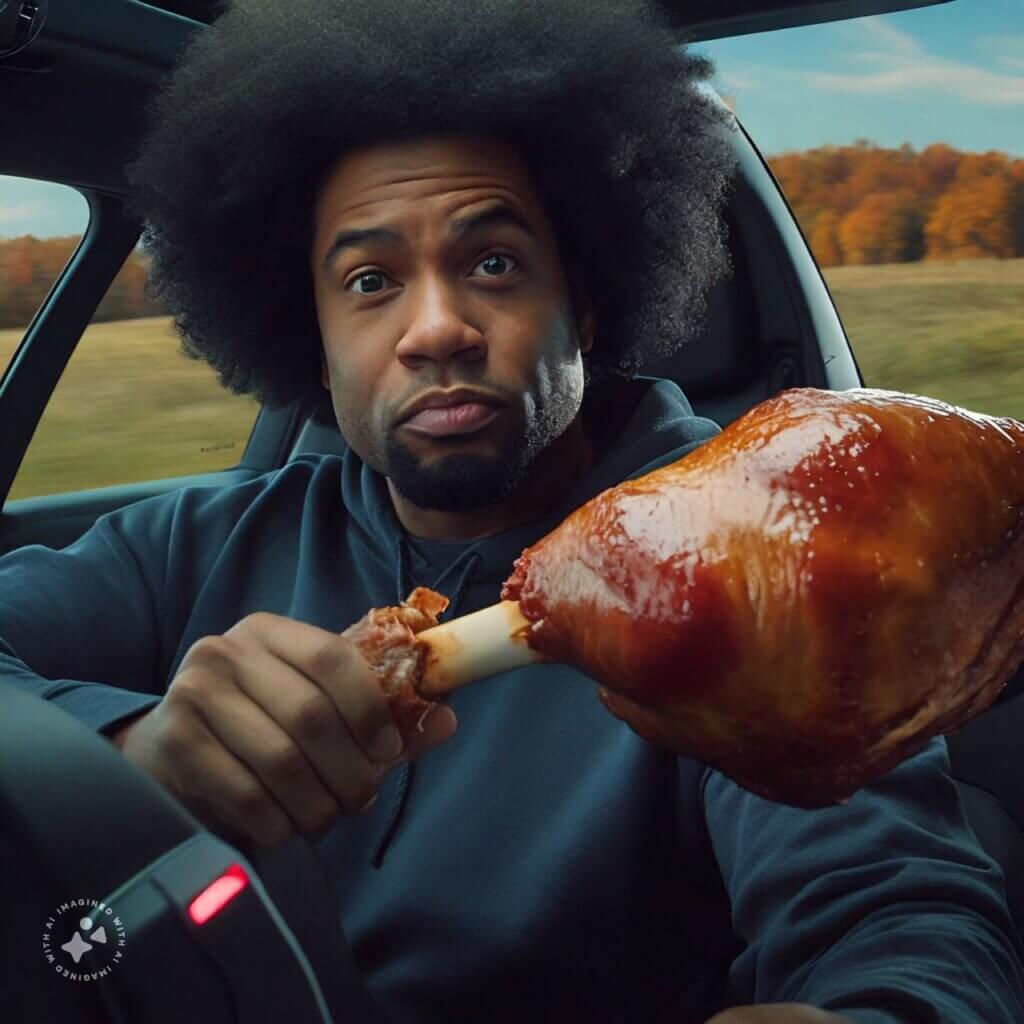Generated with Imagine with Meta AI and the prompt "A black guy with big hair and a hoodie "driving" a self-driving EV as he chows down on a Thanksgiving turkey leg"