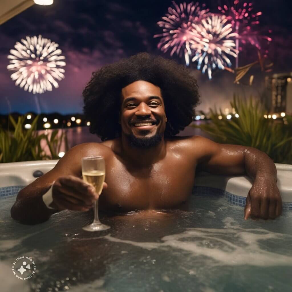 Generated with Imagine with Meta AI and the prompt "A black guy with big hair who writes a weekly newsletter in Orlando wishing a happy holiday and happy new year from a warm place in a hot tub toasting with a glass of champagne surrounded by family."