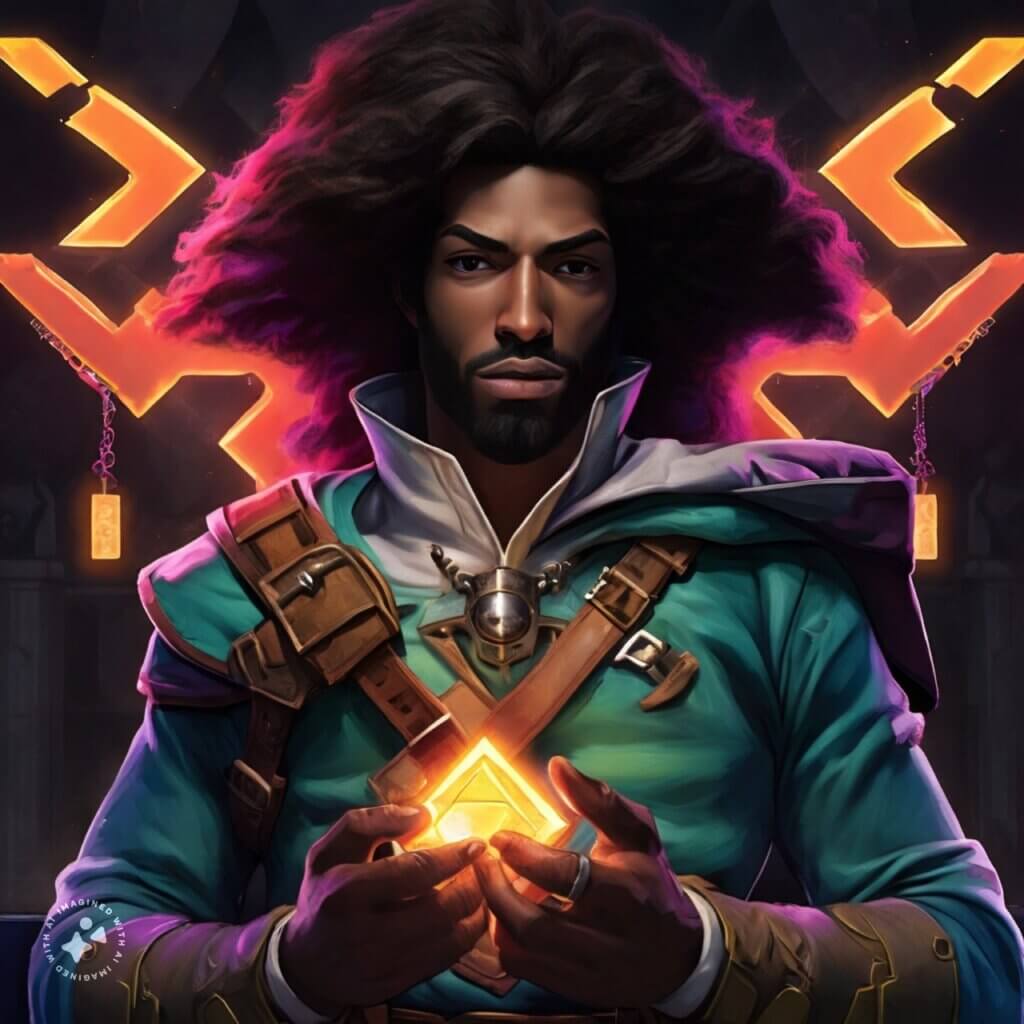 Generated with Imagine with Meta AI and the prompt "A black man with large hair dressed like Zelda holding the glowing tri-force in the shape of keys."