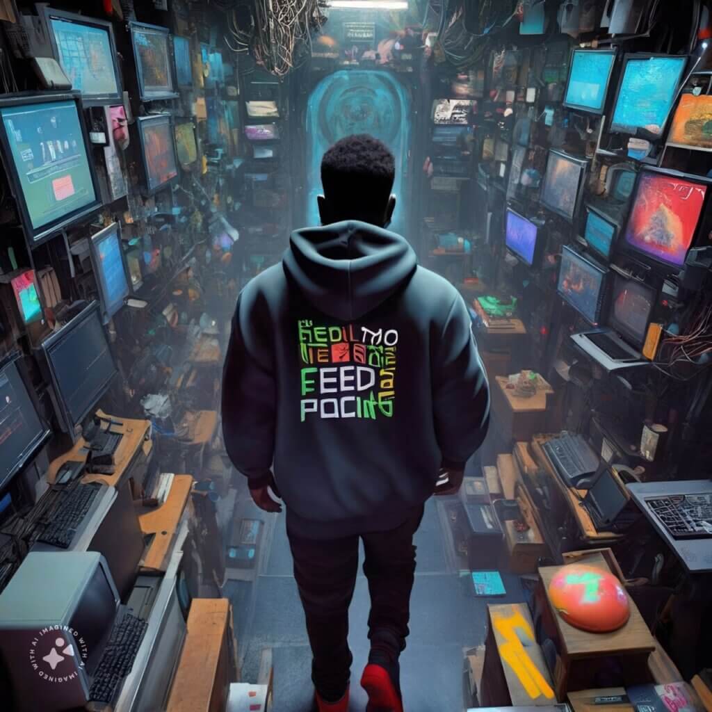 Generated with Imagine with Meta AI and the prompt "A black techie guy in a hoodie walking into the Fediverse that looks like a virtual world of social media platforms connected"