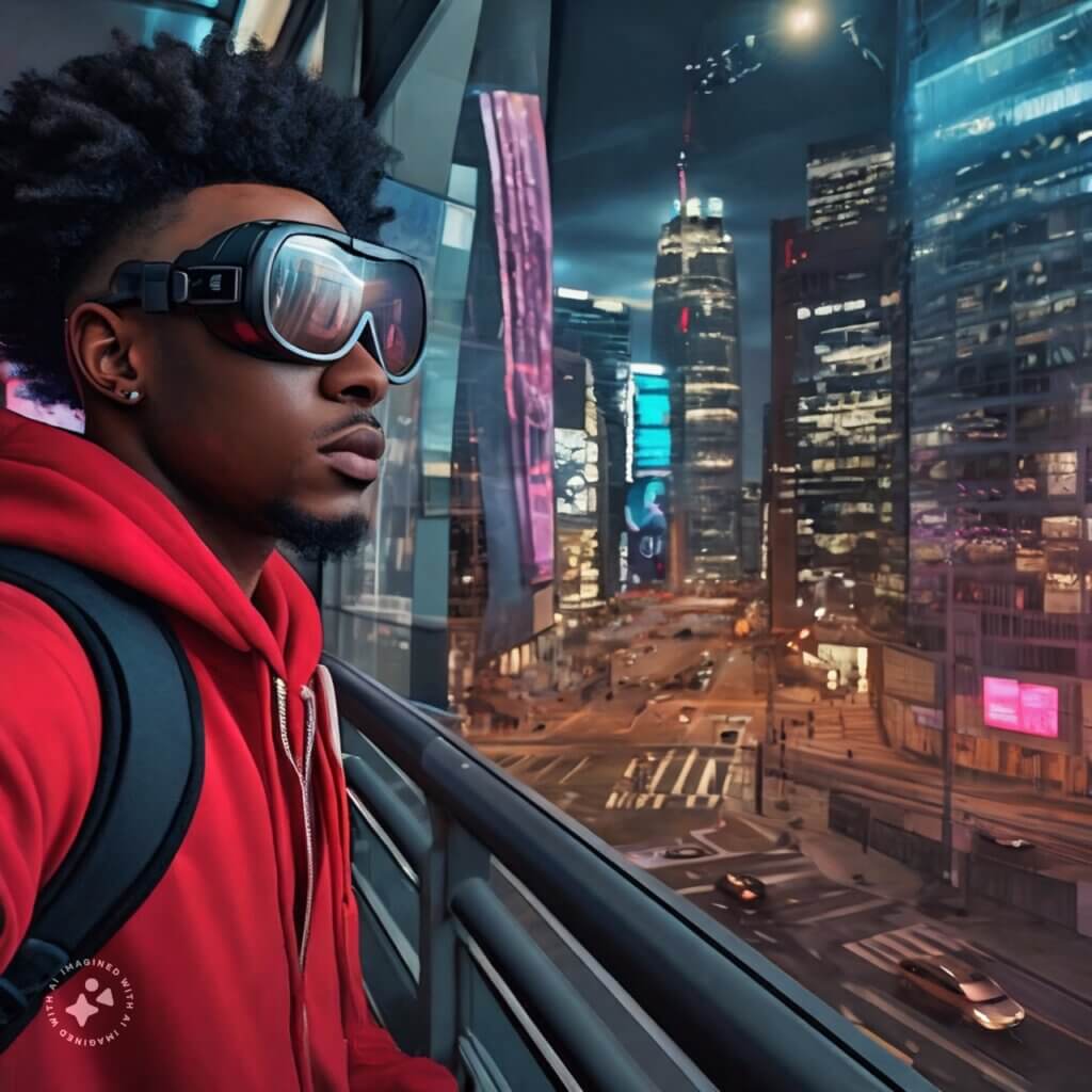 Generated with Imagine with Meta AI and the prompt "Black guy in a red hoodie with large hair wearing AR goggles as he navigates a big high-tech city with a futuristic view in front of him"