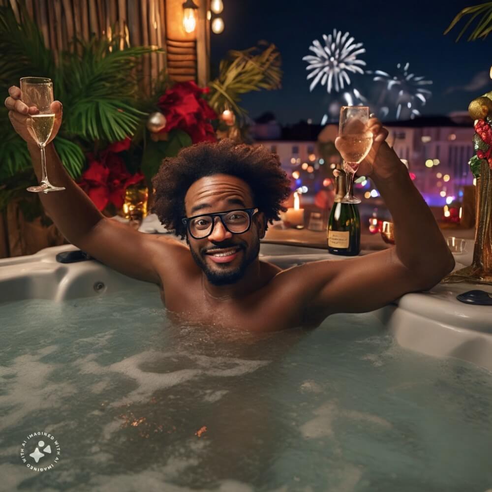 Generated with Imagine with Meta AI and the prompt "A black guy with glasses and big hair who writes a weekly newsletter in Orlando wishing a happy holiday and happy new year from a warm place in a hot tub toasting with a glass of champagne surrounded by family."