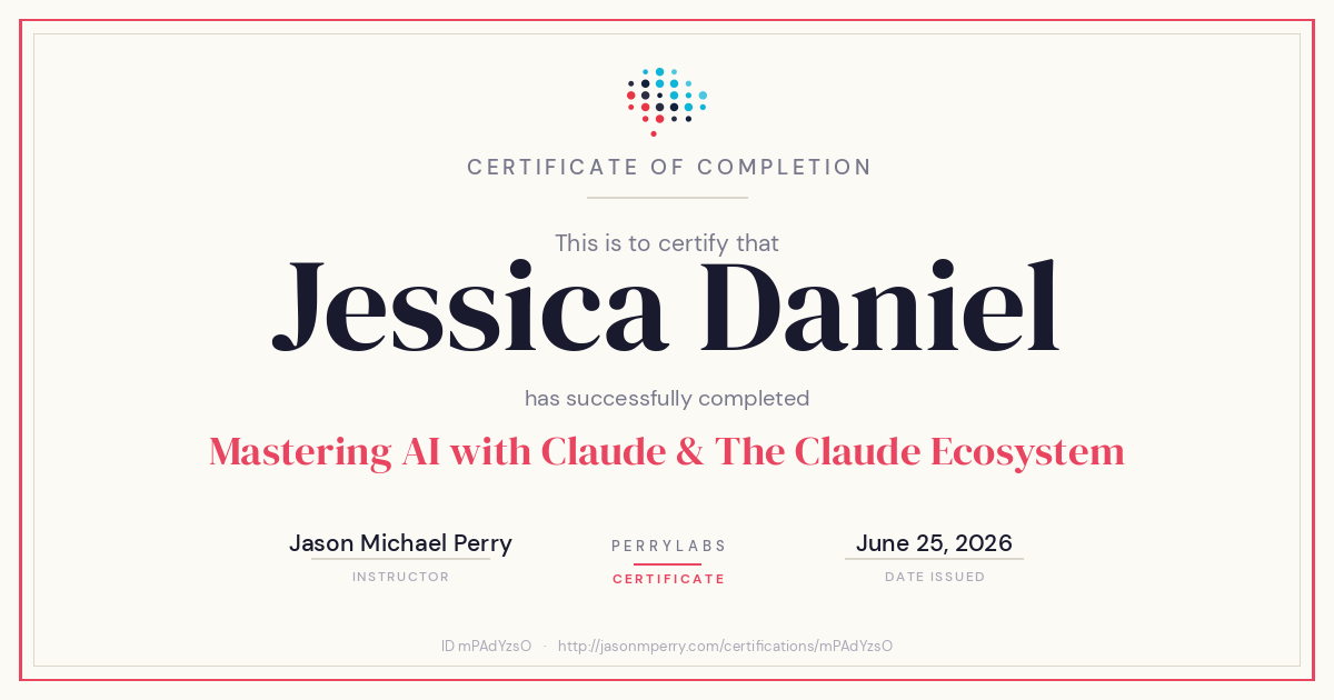 Certificate certificate for Jessica Daniel