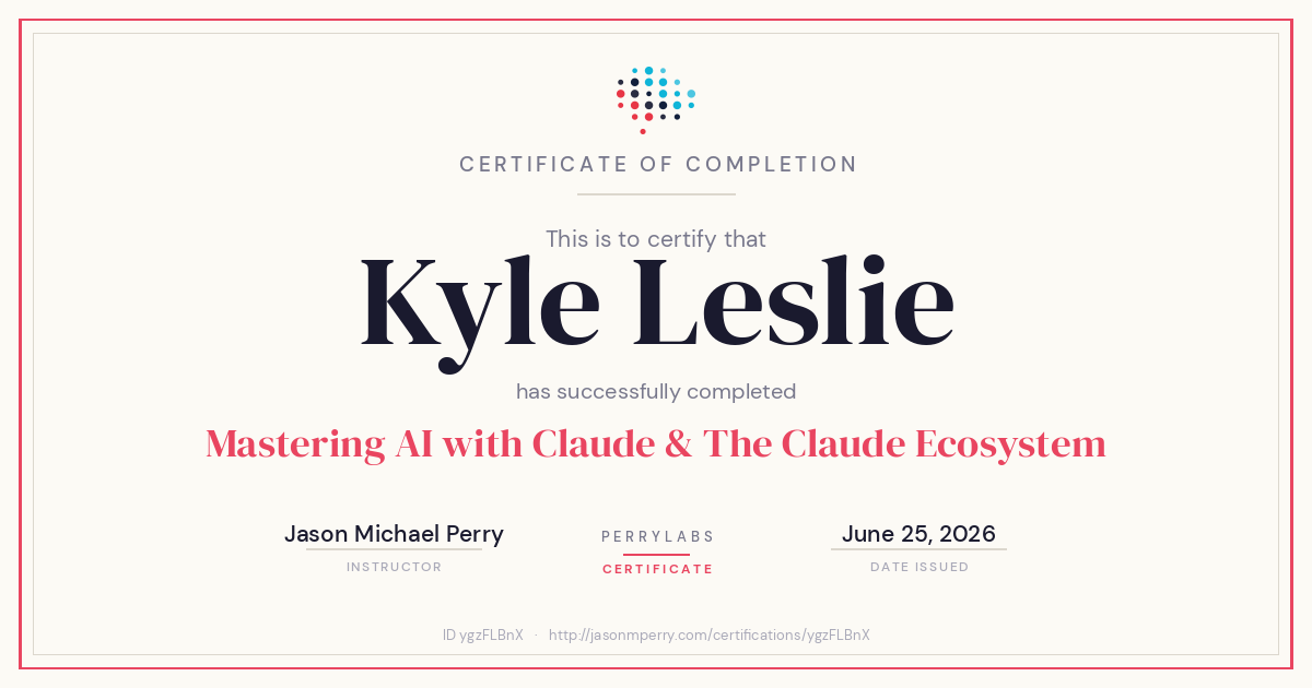 Certificate certificate for Kyle Leslie